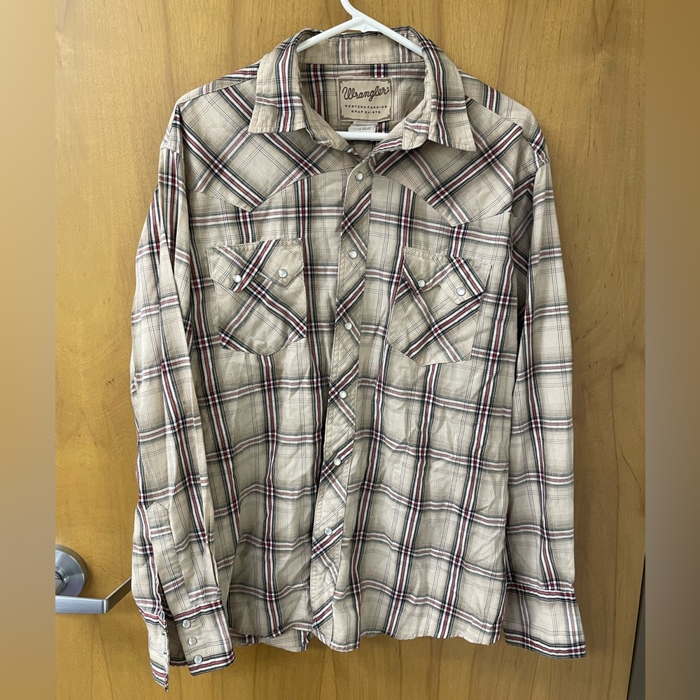 Wrangler Pearl Snap Long Sleeve Shirt Western Men's Sz XL Tan Green Plaid